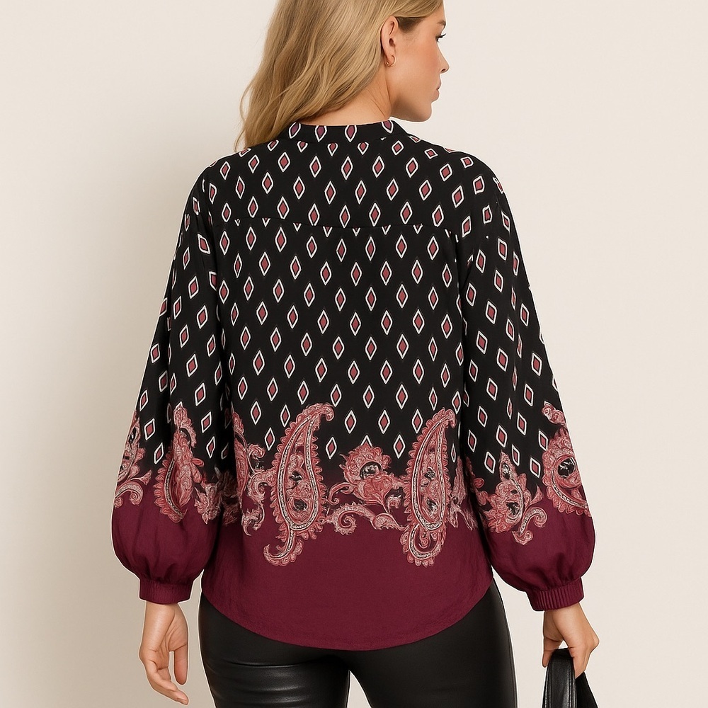 Lucky Brand 100% Silk Batwing Oversized Balloon Sleeve Paisley Burgundy Top XS - Picture 11 of 11